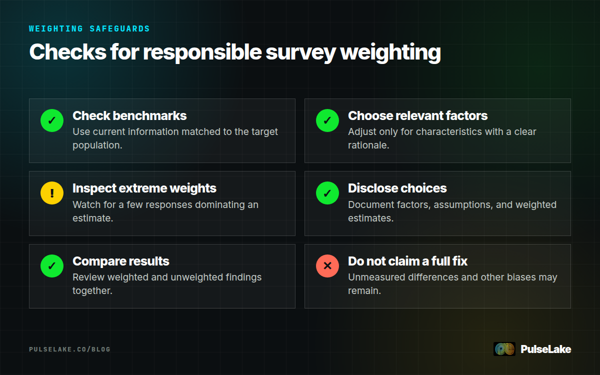 Diagram: Six checks covering benchmarks, variables, extreme weights, disclosure, sensitivity, and remaining bias.