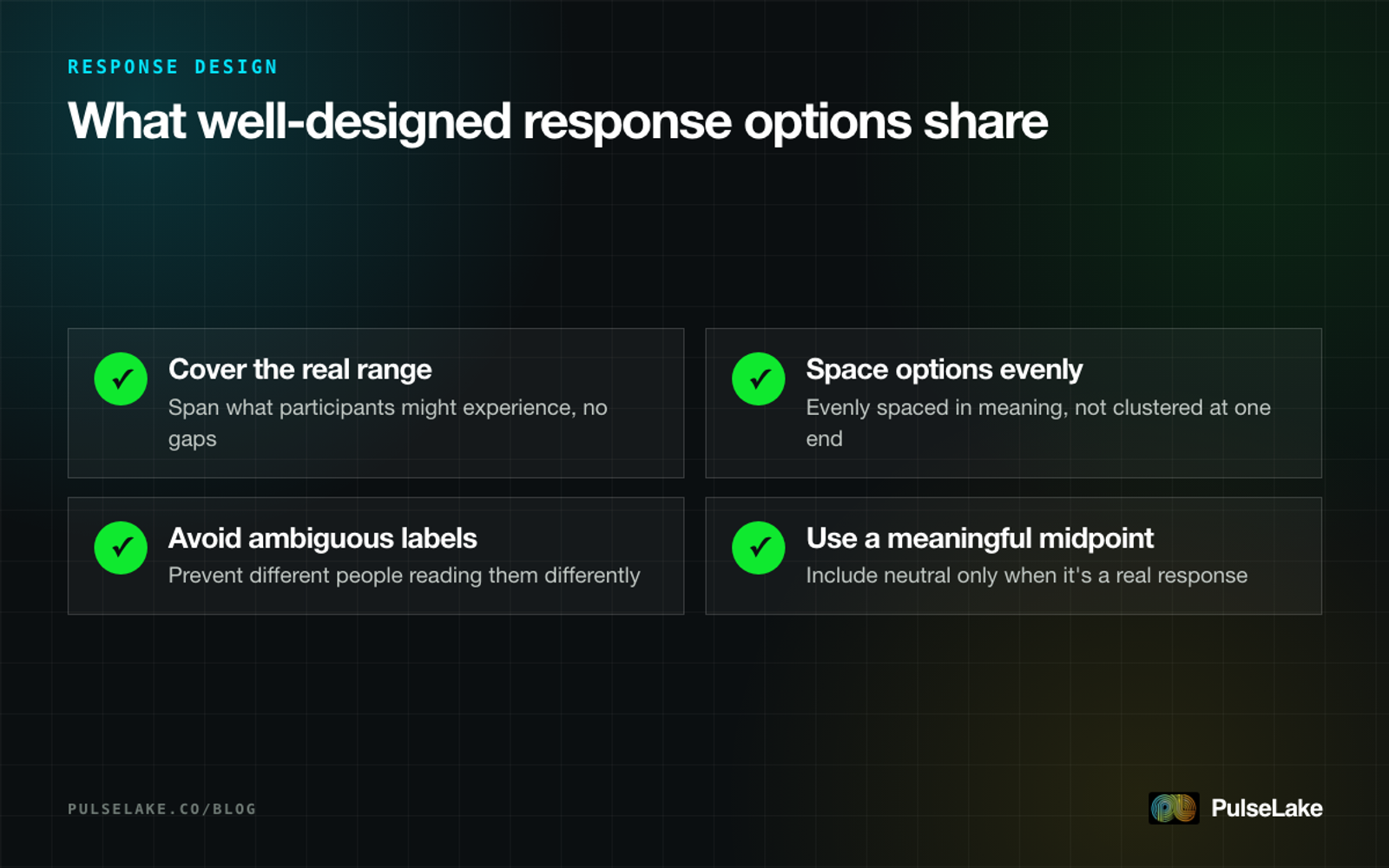 Diagram: four properties of well-designed survey response options, from balanced range to a meaningful midpoint