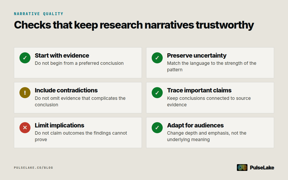 Diagram: Six checks help prevent selective, overconfident, untraceable, or poorly targeted research narratives.