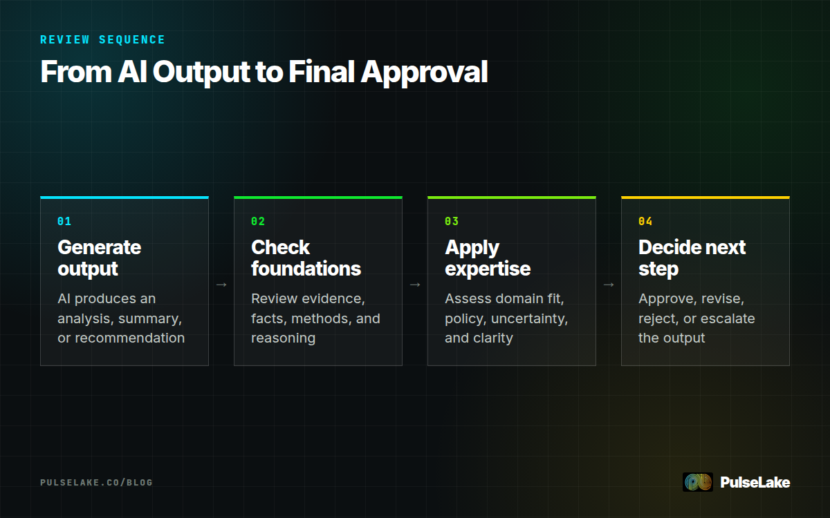 Diagram: AI output moves through factual, methodological, domain, policy, and final approval checks.